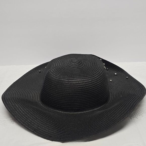 Karl Lagerfeld Black Straw Signature Pin Studs Paris Charm Embellished Sun Hat